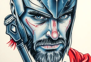 A close-up of Thor’s face from Endgame, with battle scars, glowing blue eyes, and Stormbreaker raised, in hyper-realistic shades of blue, silver, and deep red. tattoo idea