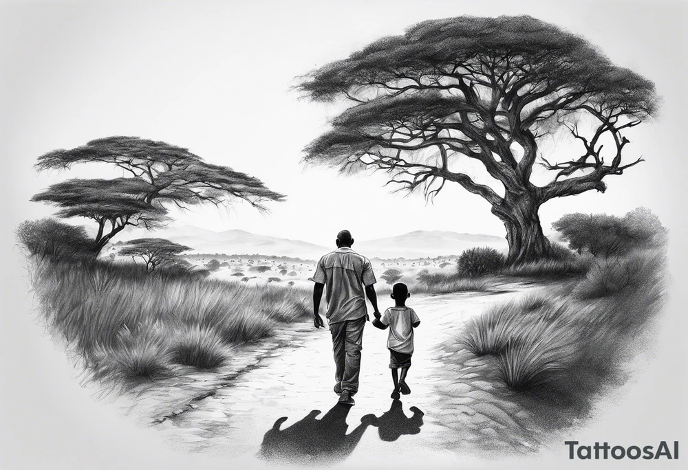 Child walking next to dad past away in Africa shape tattoo idea