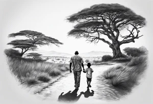 Child walking next to dad past away in Africa shape tattoo idea