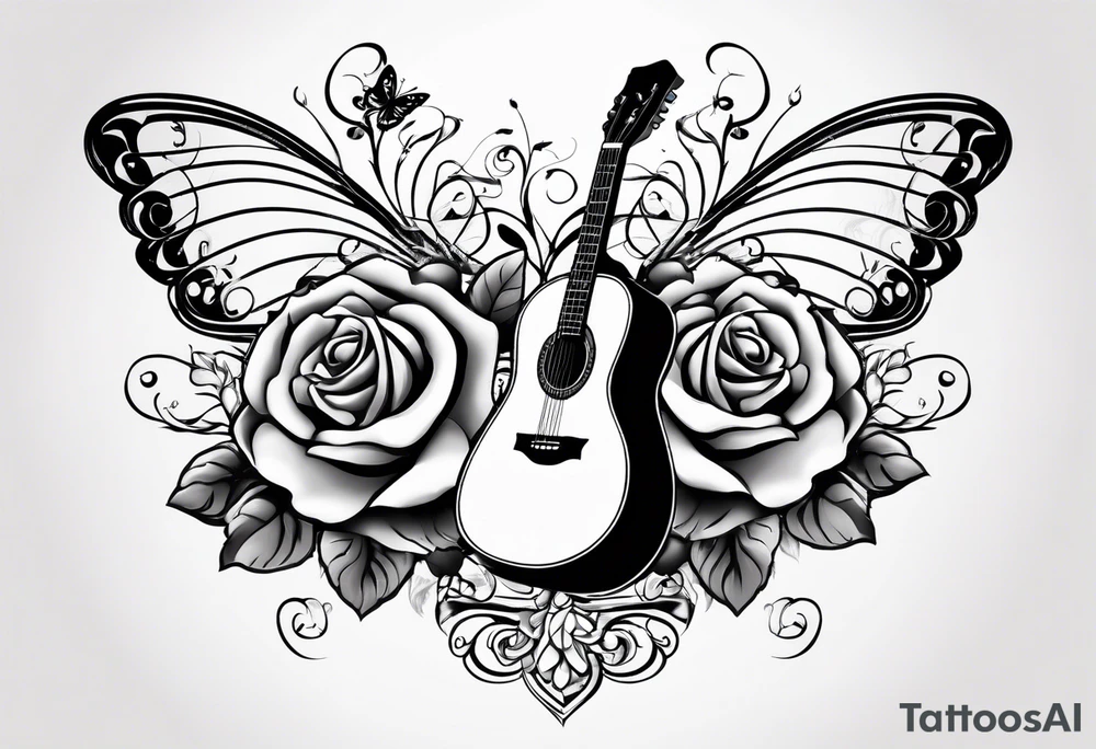 Acoustic guitar treble clef, roses, butterflies on the side tattoo idea