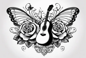 Acoustic guitar treble clef, roses, butterflies on the side tattoo idea