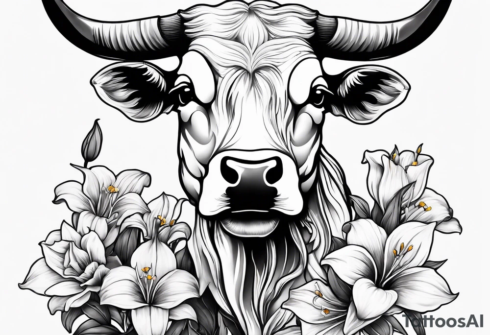 Bull skeleton with lily if the valley flowers growing out of eyes tattoo idea