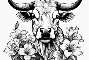 Bull skeleton with lily if the valley flowers growing out of eyes tattoo idea