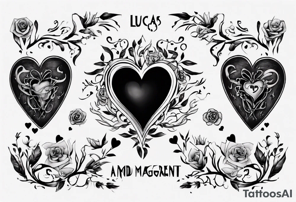 A black heart with the words Lucas and Margaret inside of it tattoo idea