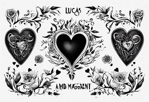 A black heart with the words Lucas and Margaret inside of it tattoo idea