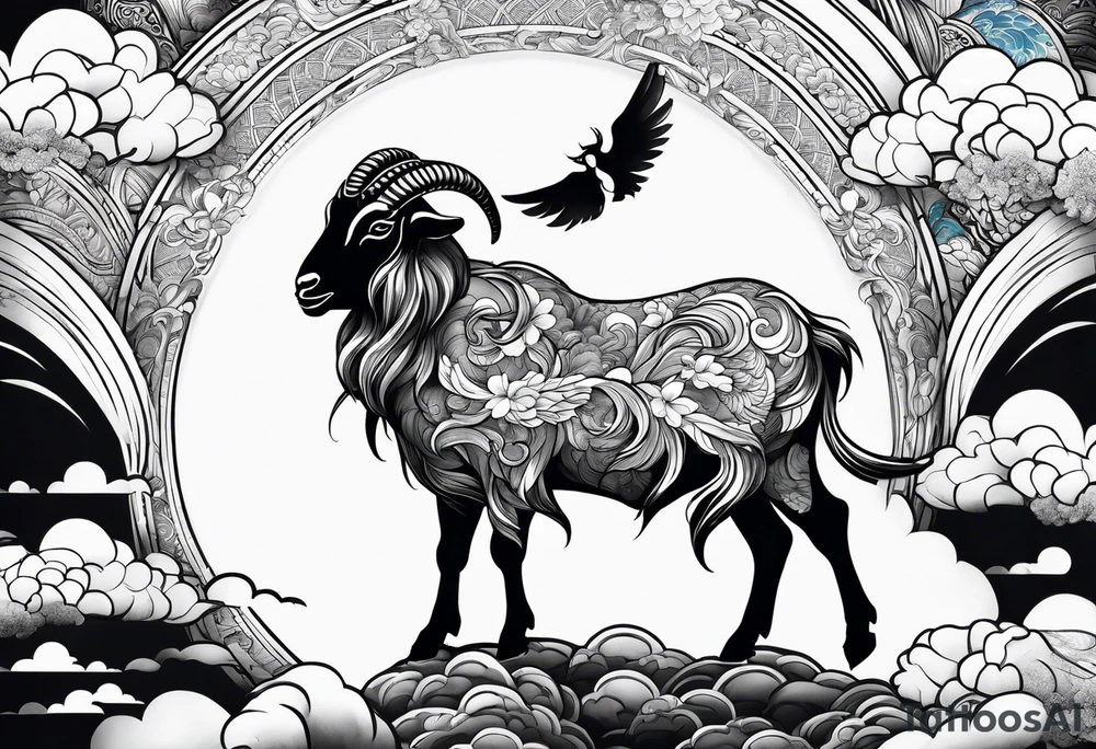 full body goat with kumo clouds in traditional Japanese art style tattoo idea