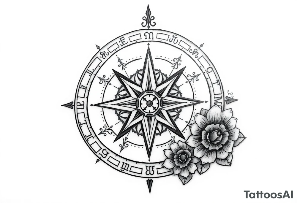 zodiac symbols the elements and Norse runes within ornate compass with roses lilly sunflowers tattoo idea