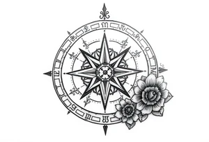 zodiac symbols the elements and Norse runes within ornate compass with roses lilly sunflowers tattoo idea