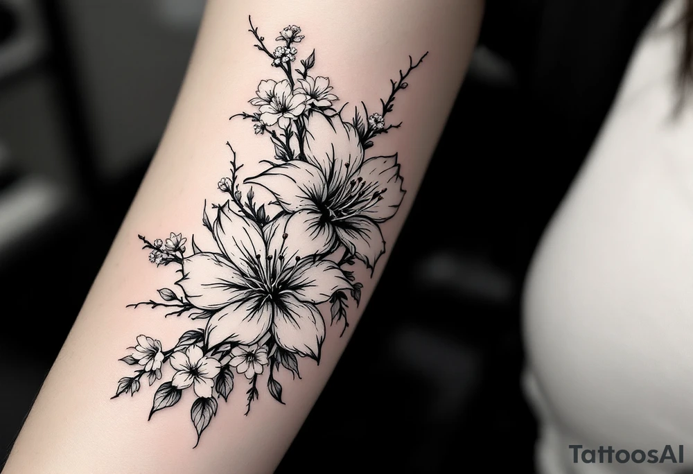Spider Lilies from the anime demon slayer and Cherry Blossoms wrapped around the arm tattoo idea
