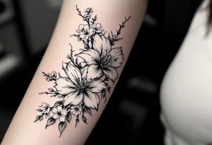 Spider Lilies from the anime demon slayer and Cherry Blossoms wrapped around the arm tattoo idea