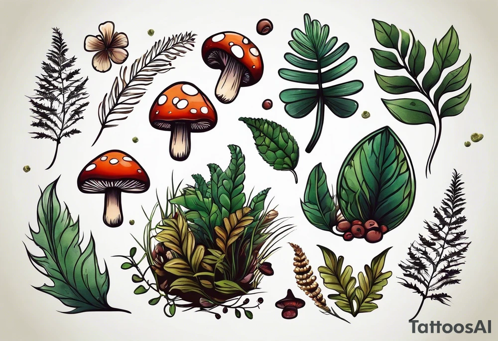 minimalistic forest floor inspired tattoo, which includes grass, moss, curly ferns and dead leaves as the bulk of the tattoo. details to include: forest berries, couple of very small brown mushrooms, a tiny bumblebee flying nearby tattoo idea
