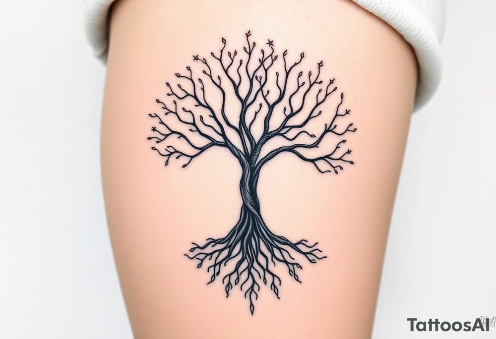 mystical tree of life with cosmic roots and celestial branches tattoo idea
