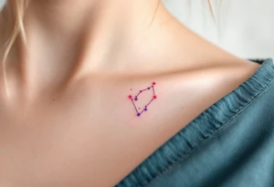 A tiny pink Libra symbol floats above a gradient Libra stars constellation fading from teal to violet placed under collarbone. tattoo idea