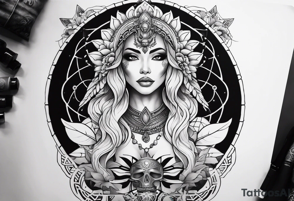 kali ma, alien goddess, valkrye, aries, pirate, divine feminine, zenza resonance, pachamama, lotus azul, blank panther, eagle, skull, 5D, nueva gaya, dna 12, left side chest tatoo tattoo idea