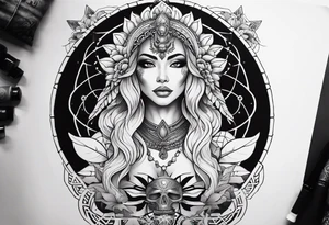 kali ma, alien goddess, valkrye, aries, pirate, divine feminine, zenza resonance, pachamama, lotus azul, blank panther, eagle, skull, 5D, nueva gaya, dna 12, left side chest tatoo tattoo idea