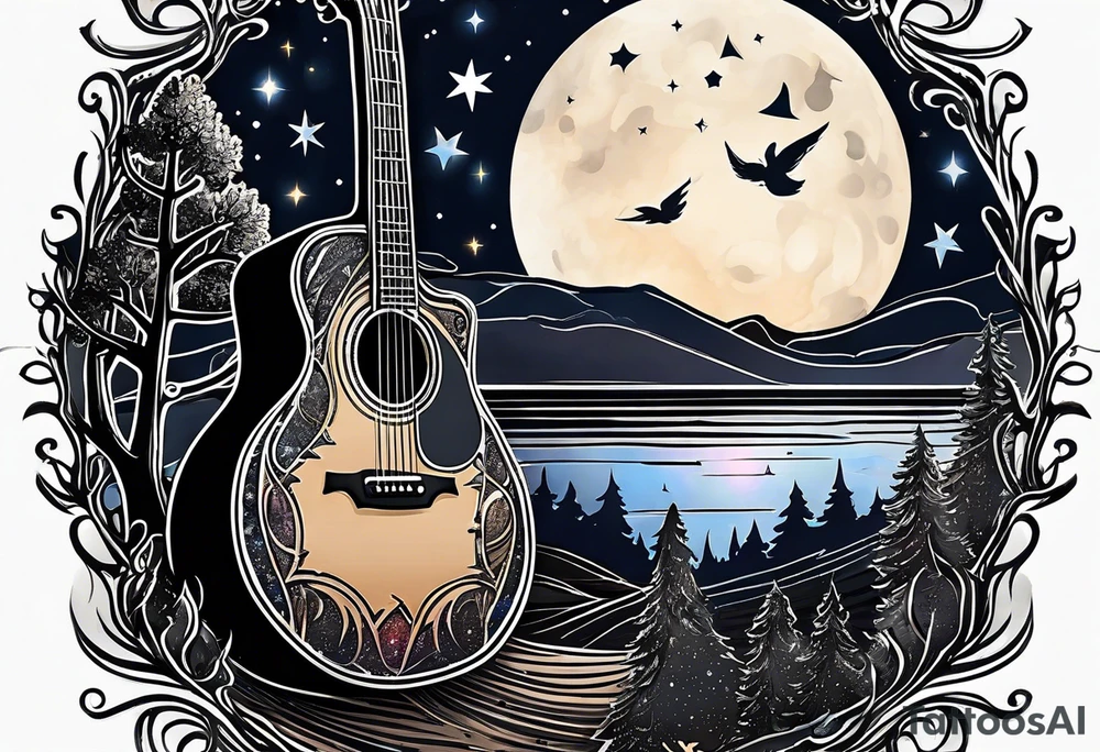 acoustic black guitar made out of trees and a night sky with a bright star tattoo idea