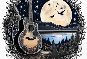 acoustic black guitar made out of trees and a night sky with a bright star tattoo idea
