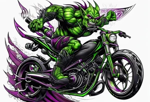 Green goblin riding a full suspension carbon fiber mountain bike tattoo idea