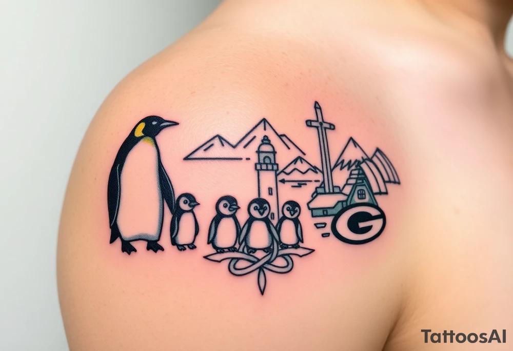 compilation outlining important things in my life such as one adult emperor penguin and 3 baby penguins, celtic trinity knot, lighthouse, mountains/nature, the green bay packers, and something to represent my 3 boys tattoo idea