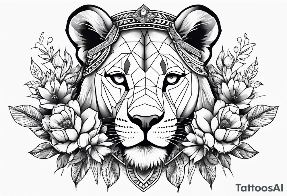 Beautiful lioness with necklace and a flower headband tattoo idea