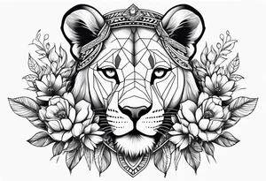 Beautiful lioness with necklace and a flower headband tattoo idea