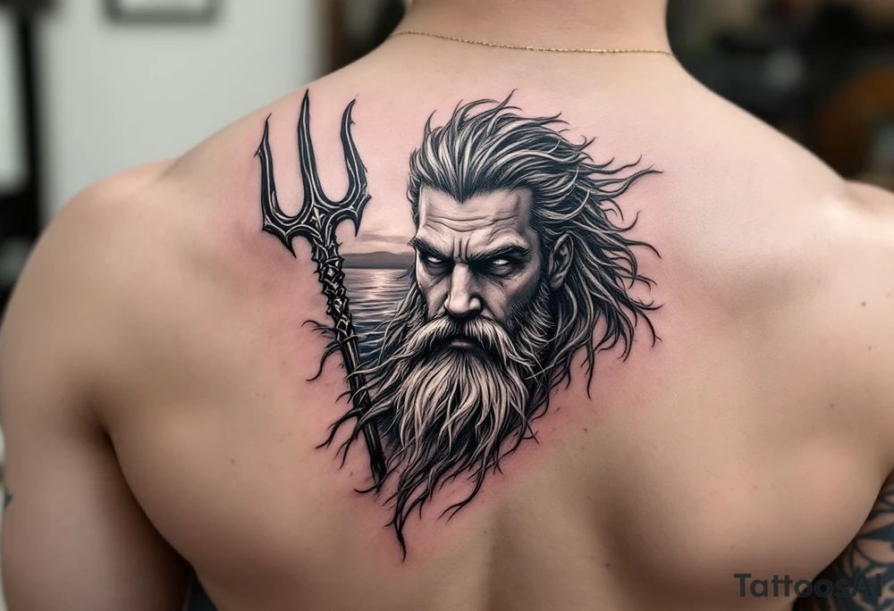 fit poseidon, with trident, in water, looking at the horizon tattoo idea