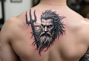 fit poseidon, with trident, in water, looking at the horizon tattoo idea