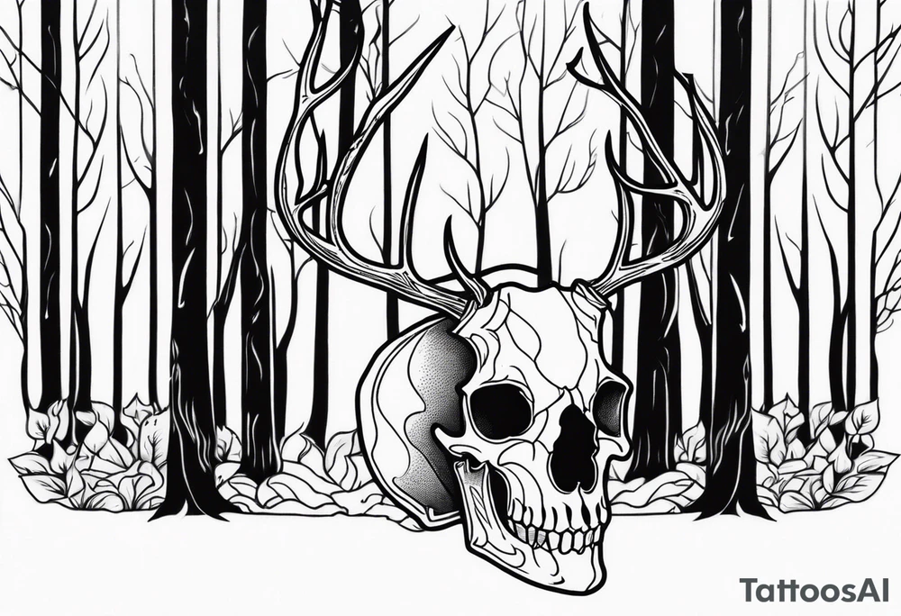 side view of a standing on two legs deer humanoid skull JUST BONE surrounded by a flames and trees tattoo idea