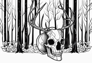 side view of a standing on two legs deer humanoid skull JUST BONE surrounded by a flames and trees tattoo idea