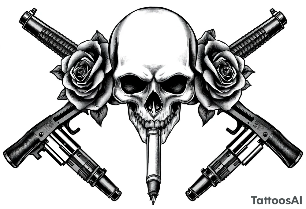 realistic skull,roses,cigar,crossed guns, tattoo idea