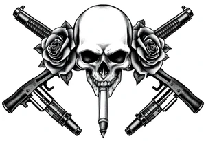 realistic skull,roses,cigar,crossed guns, tattoo idea