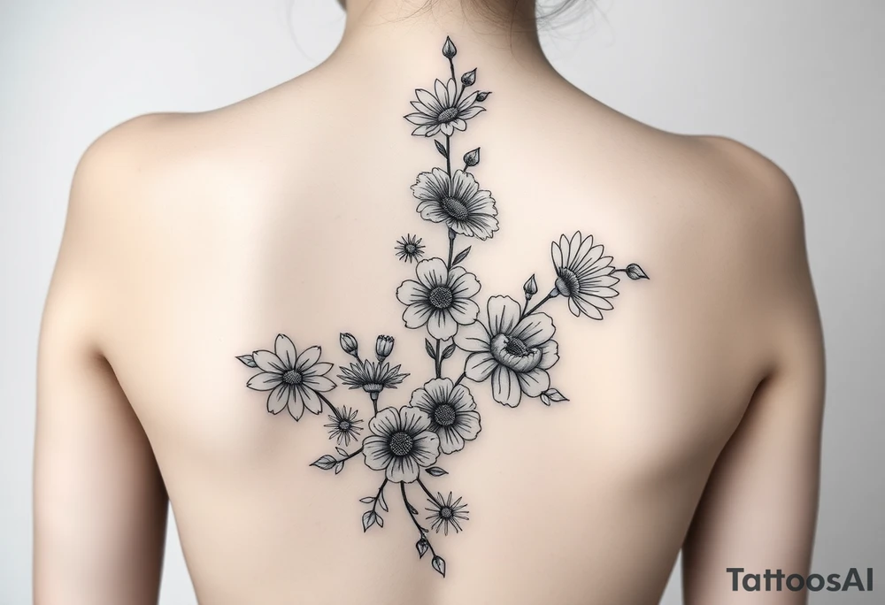 A spine tattoo a flower vine going down the whole back With the flowers Honeysuckle Chrysanthemum  waterlily Gladiolus Daisy sweet pea rose tattoo idea