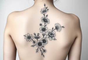 A spine tattoo a flower vine going down the whole back With the flowers Honeysuckle Chrysanthemum  waterlily Gladiolus Daisy sweet pea rose tattoo idea