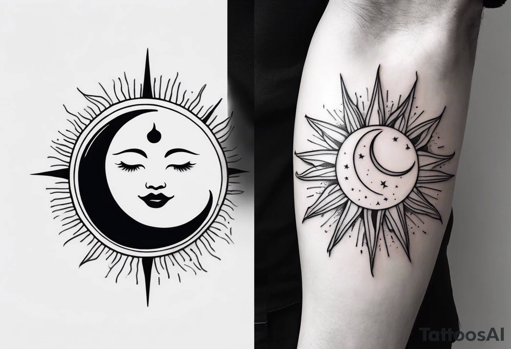 Sun and crescent moon with vintage line along with yin yang. Long on forearm tattoo idea