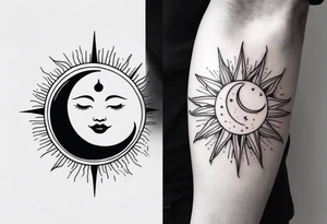 Sun and crescent moon with vintage line along with yin yang. Long on forearm tattoo idea