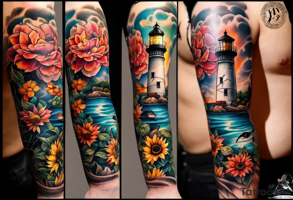 A lower forearm sleeve full colour coming down from a bicep with flowers joined with honeycombs, Mandela flowers, sunflowers, humming bird, and owl.  Lighthouse. tattoo idea