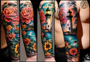 A lower forearm sleeve full colour coming down from a bicep with flowers joined with honeycombs, Mandela flowers, sunflowers, humming bird, and owl.  Lighthouse. tattoo idea