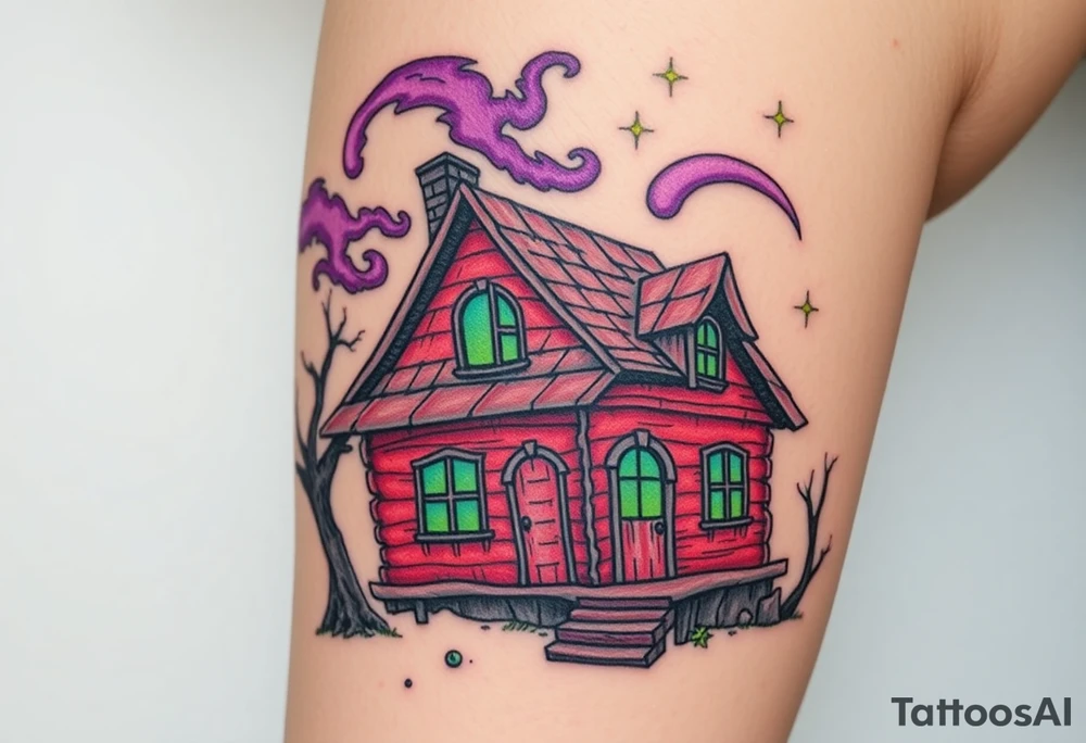 Tim Burton’s haunted pastel wood cabin home is abandoned and dripping with muted reds, dusty pinks, and eerie green glow.purple and cyan smokey clouds swirl in the crescent moonlit sky thats sprinkled with stars tattoo idea tattoo idea