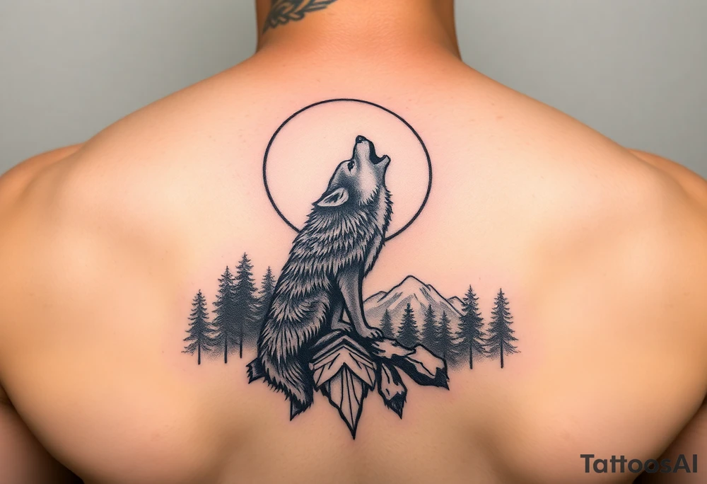 lone wolf howling at full moon with northern lights backdrop tattoo idea