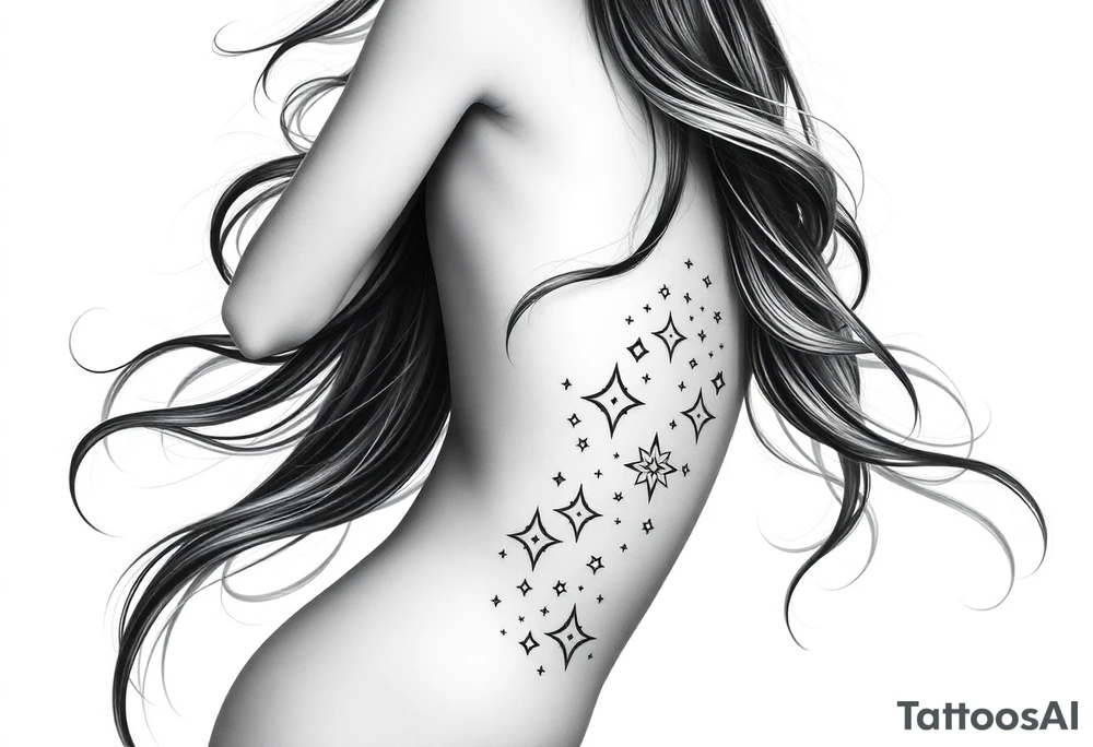 ethereal women body with flowing hair and beautiful celestial stars tattoo idea