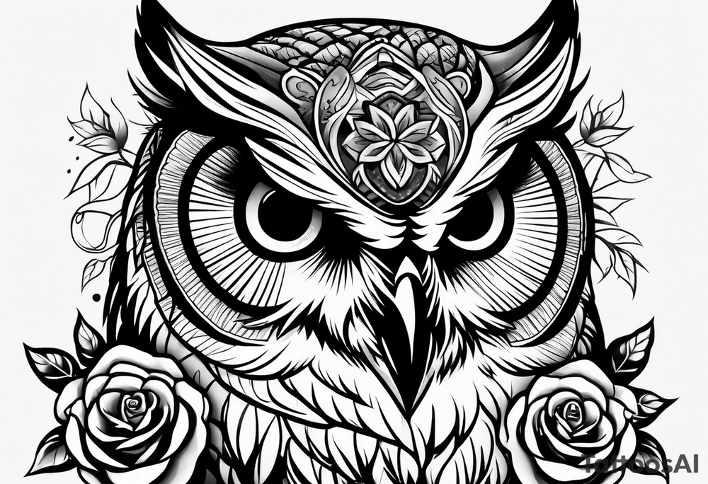 owl with rose tattoo idea