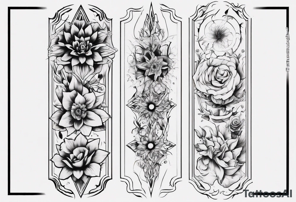 Design a vertical tattoo where shapes and lines represent various stages of my life, reflecting the evolution of my character and perception. Ensure it suits the placement on the back of the forearm. Exclude flowers from designs tattoo idea
