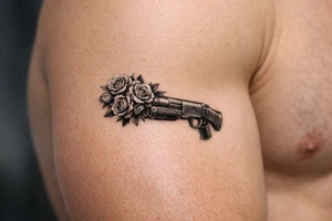 Realistic shotgun with vibrant roses overflowing the muzzle. tattoo idea