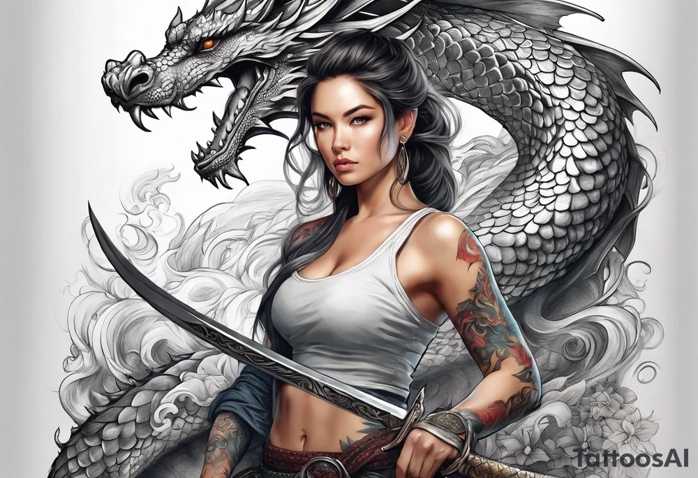 Women holding a sword powerful beauty a dragon behind her fiercely tattoo idea