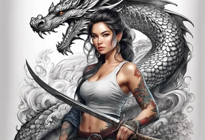 Women holding a sword powerful beauty a dragon behind her fiercely tattoo idea