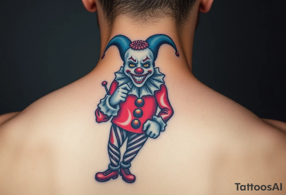 jester clown standing behind partner holding cheeks up to smile tattoo idea