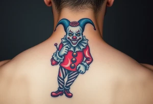 jester clown standing behind partner holding cheeks up to smile tattoo idea