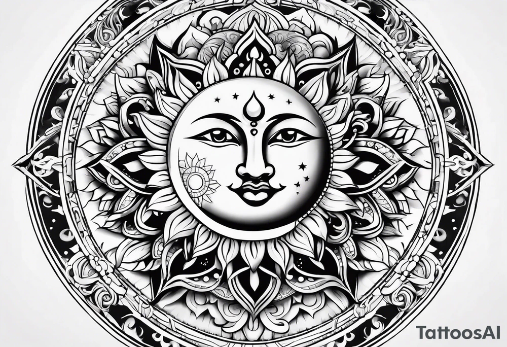 Sun and moon inside a mandala tattoo idea