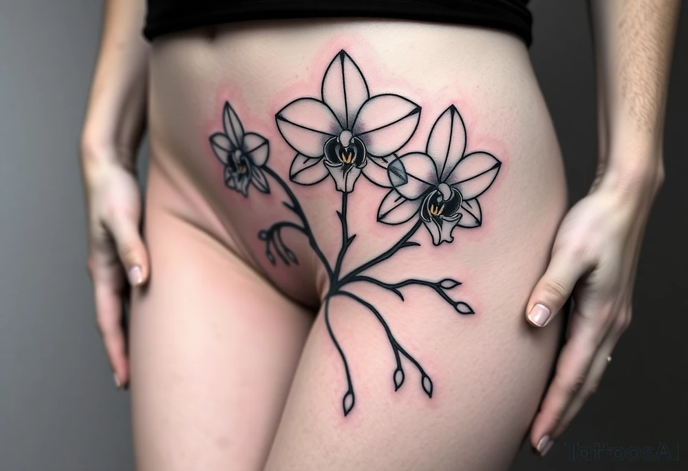 Three fine line orchids different size realistic and a mix of vagina. Are connected with branches tattoo idea