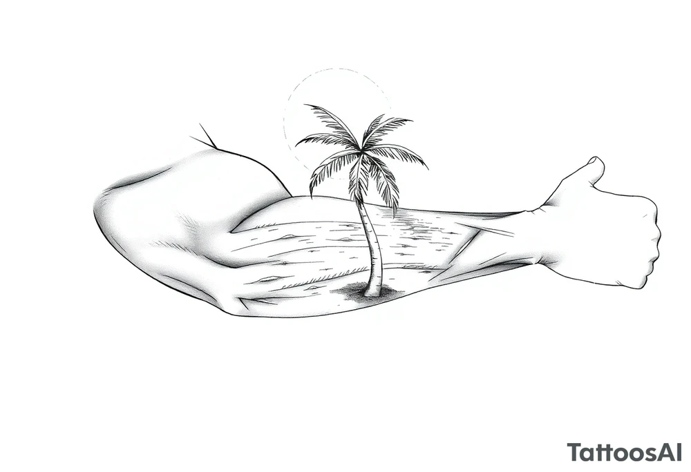 fine line, peaceful, serene, timeless, ocean, sand, palm tree, sun tattoo idea